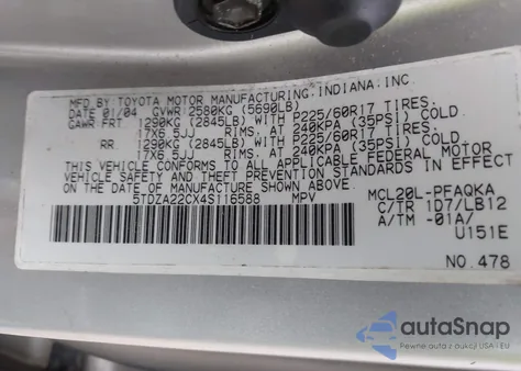 2004 Toyota Sienna Xle из США, поврежденный, VIN 5TDZA22CX4S116588